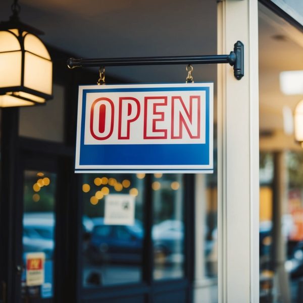 Uma vitrine com uma placa de aberto e luzes acolhedoras, indicando que o negócio está aberto para os clientes