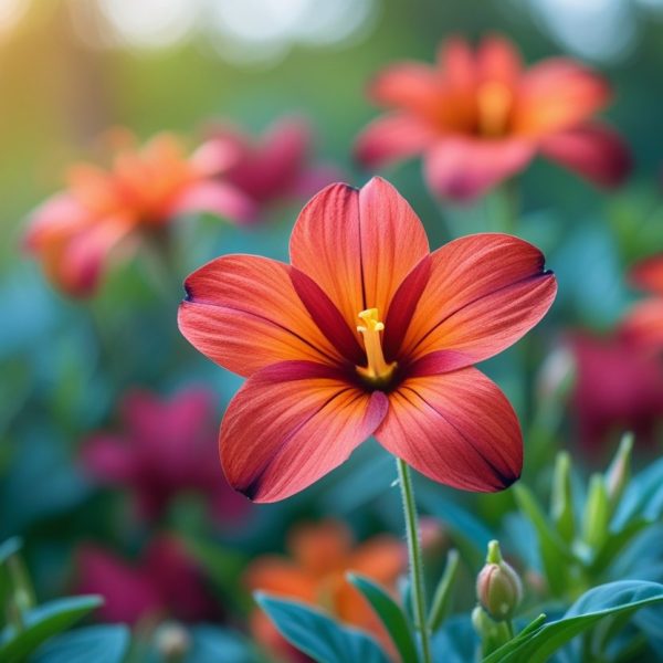 Uma flor vibrante em tons de vermelho e laranja com fundo desfocado de folhagens verdes.