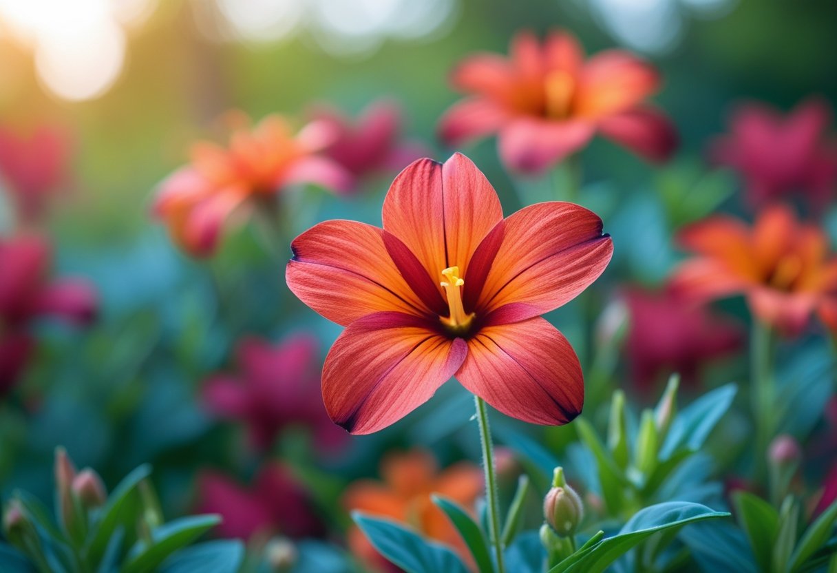 Uma flor vibrante em tons de vermelho e laranja com fundo desfocado de folhagens verdes.