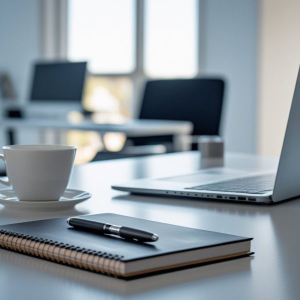 Mesa de trabalho moderna com laptop, caderno, caneta e xícara de café em um escritório iluminado.