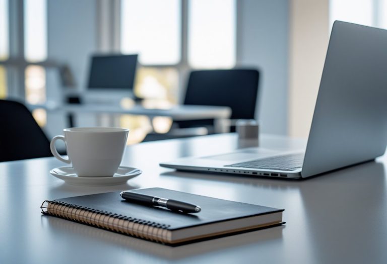Mesa de trabalho moderna com laptop, caderno, caneta e xícara de café em um escritório iluminado.
