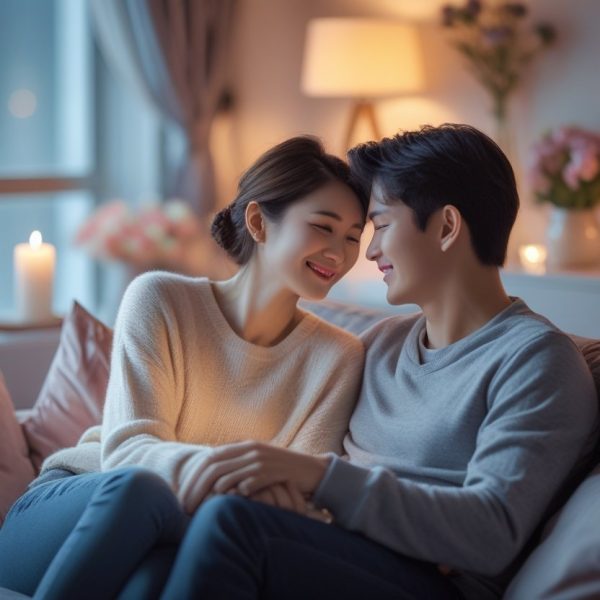 Um casal jovem sentado junto em um sofá, compartilhando um momento afetuoso em uma sala iluminada suavemente, transmitindo amor e conexão.