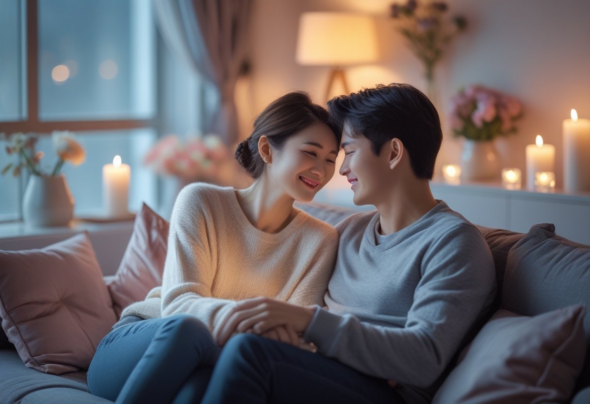 Um casal jovem sentado junto em um sofá, compartilhando um momento afetuoso em uma sala iluminada suavemente, transmitindo amor e conexão.