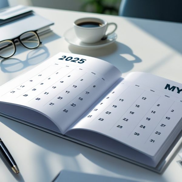 Página de calendário de 2025 aberta sobre uma mesa com itens de escritório ao redor.