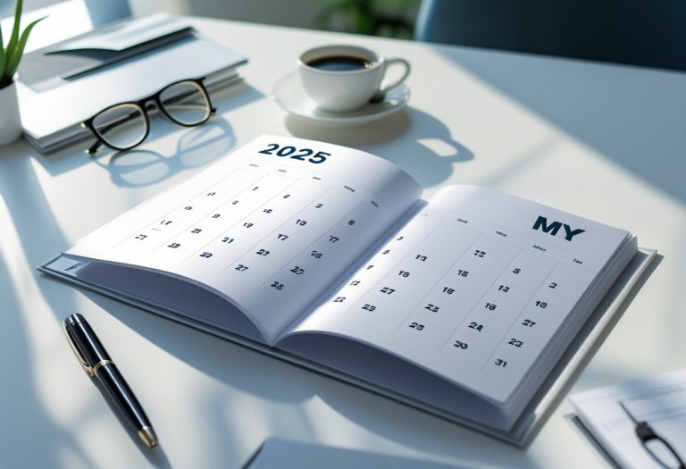 Página de calendário de 2025 aberta sobre uma mesa com itens de escritório ao redor.