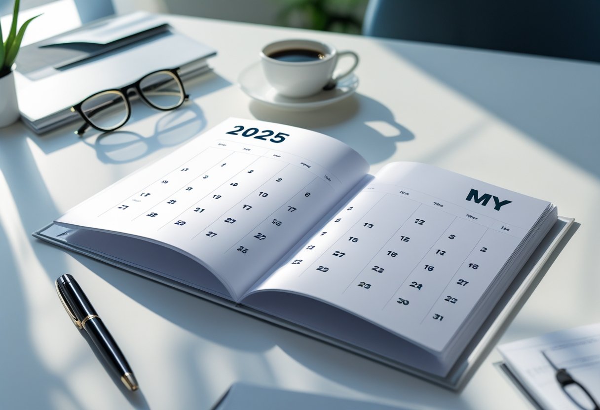 Página de calendário de 2025 aberta sobre uma mesa com itens de escritório ao redor.