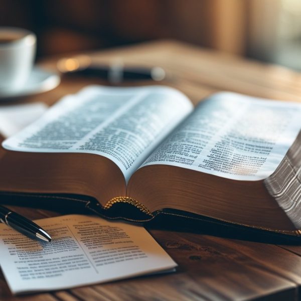 Uma Bíblia aberta sobre uma mesa de madeira com anotações e uma caneta ao redor, iluminada por luz natural suave.
