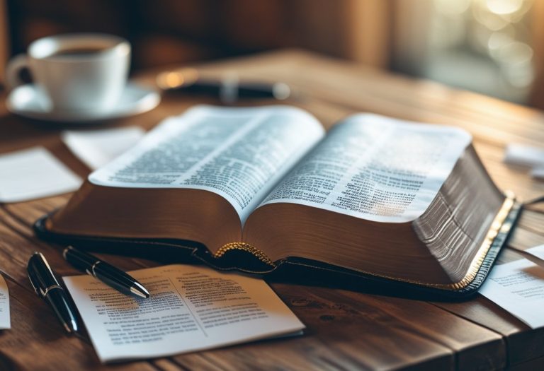 Uma Bíblia aberta sobre uma mesa de madeira com anotações e uma caneta ao redor, iluminada por luz natural suave.