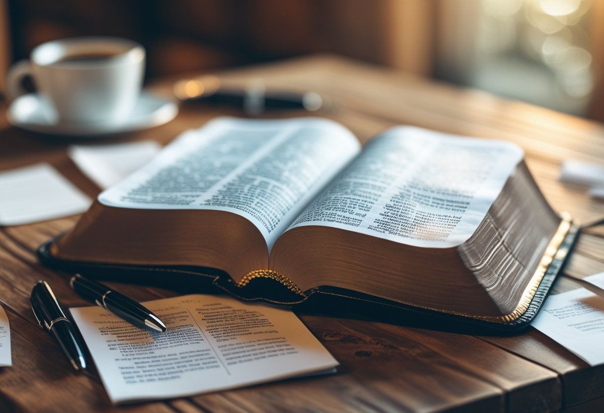 Uma Bíblia aberta sobre uma mesa de madeira com anotações e uma caneta ao redor, iluminada por luz natural suave.