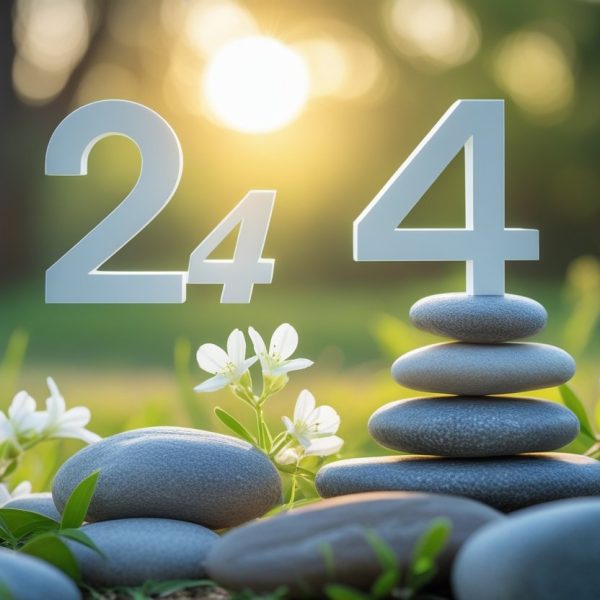 Cena serena ao amanhecer em um ambiente natural com pedras empilhadas e flores brancas, transmitindo harmonia e tranquilidade.