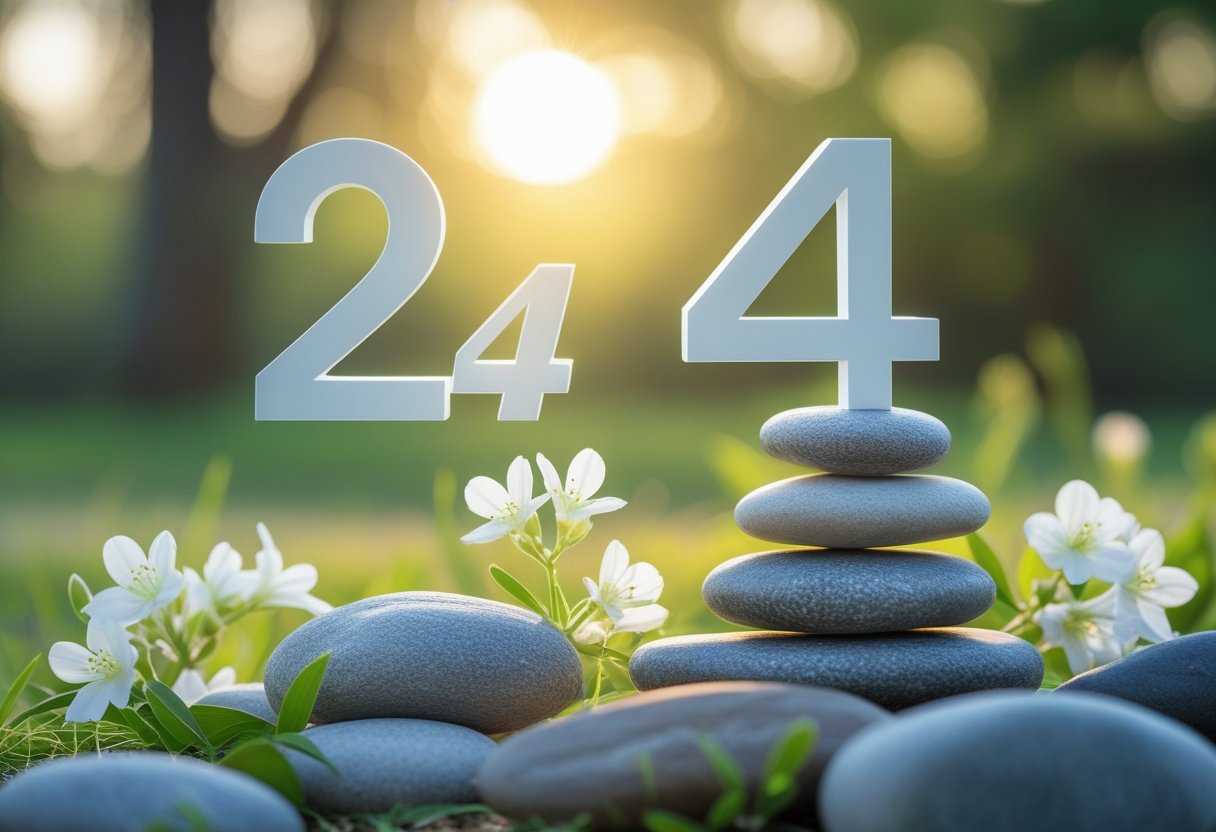 Cena serena ao amanhecer em um ambiente natural com pedras empilhadas e flores brancas, transmitindo harmonia e tranquilidade.