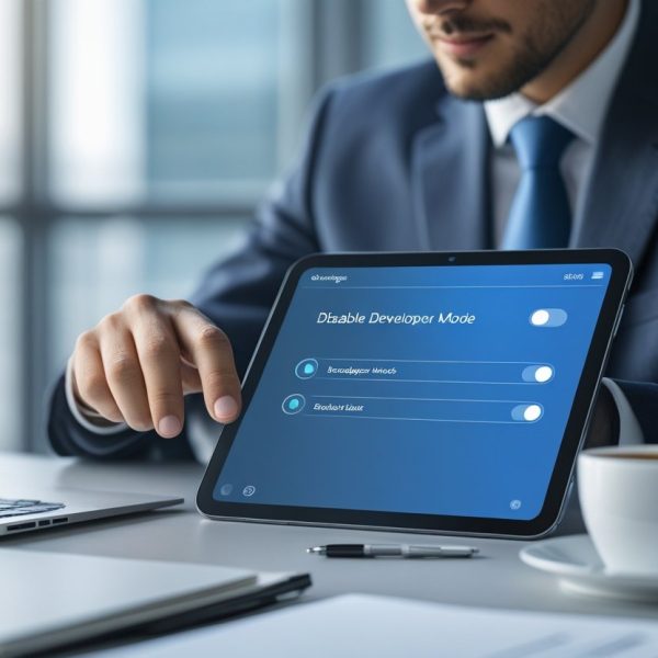 Pessoa em um escritório moderno usando um smartphone para ajustar configurações em um ambiente relacionado a serviços governamentais.