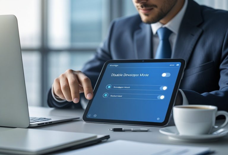 Pessoa em um escritório moderno usando um smartphone para ajustar configurações em um ambiente relacionado a serviços governamentais.