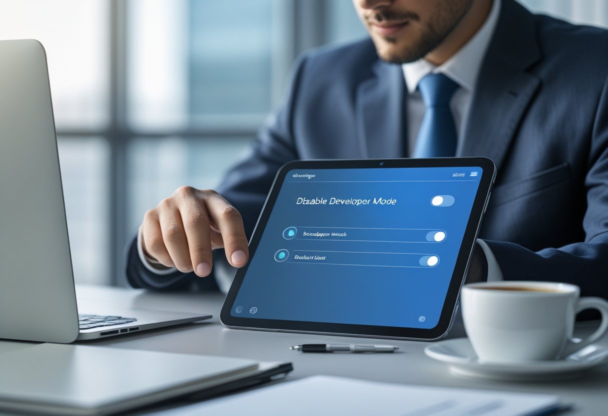 Pessoa em um escritório moderno usando um smartphone para ajustar configurações em um ambiente relacionado a serviços governamentais.