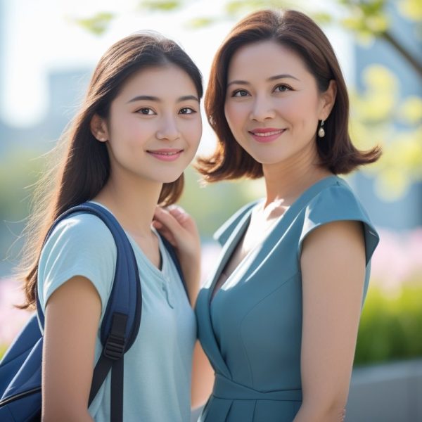 Uma jovem e uma mulher adulta sorrindo juntas em um ambiente urbano com plantas ao fundo.