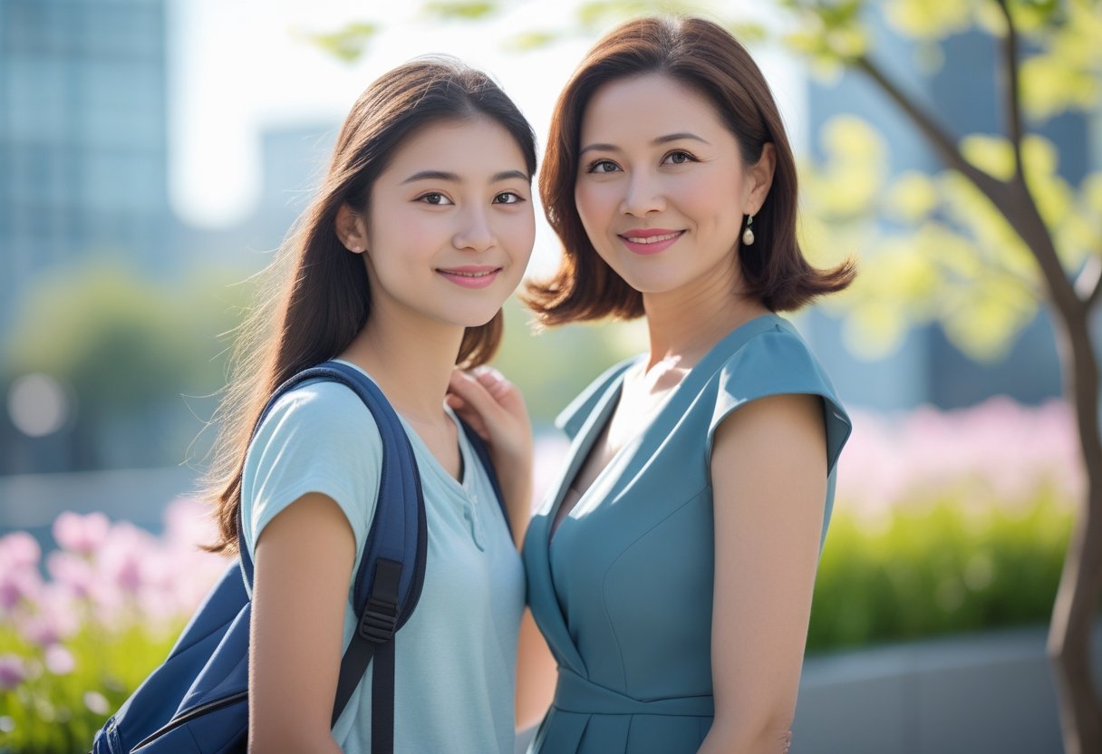 Uma jovem e uma mulher adulta sorrindo juntas em um ambiente urbano com plantas ao fundo.