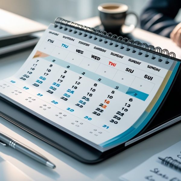 Mesa de escritório com calendário aberto mostrando os sábados e domingos destacados, ao lado de um laptop, caneta, bloco de notas e uma xícara de café.