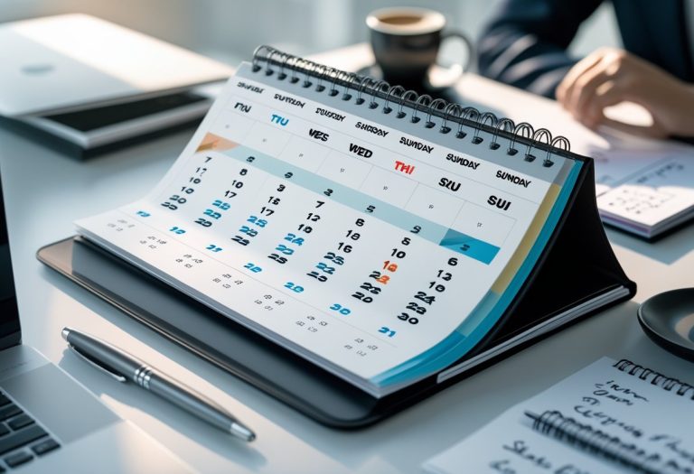 Mesa de escritório com calendário aberto mostrando os sábados e domingos destacados, ao lado de um laptop, caneta, bloco de notas e uma xícara de café.