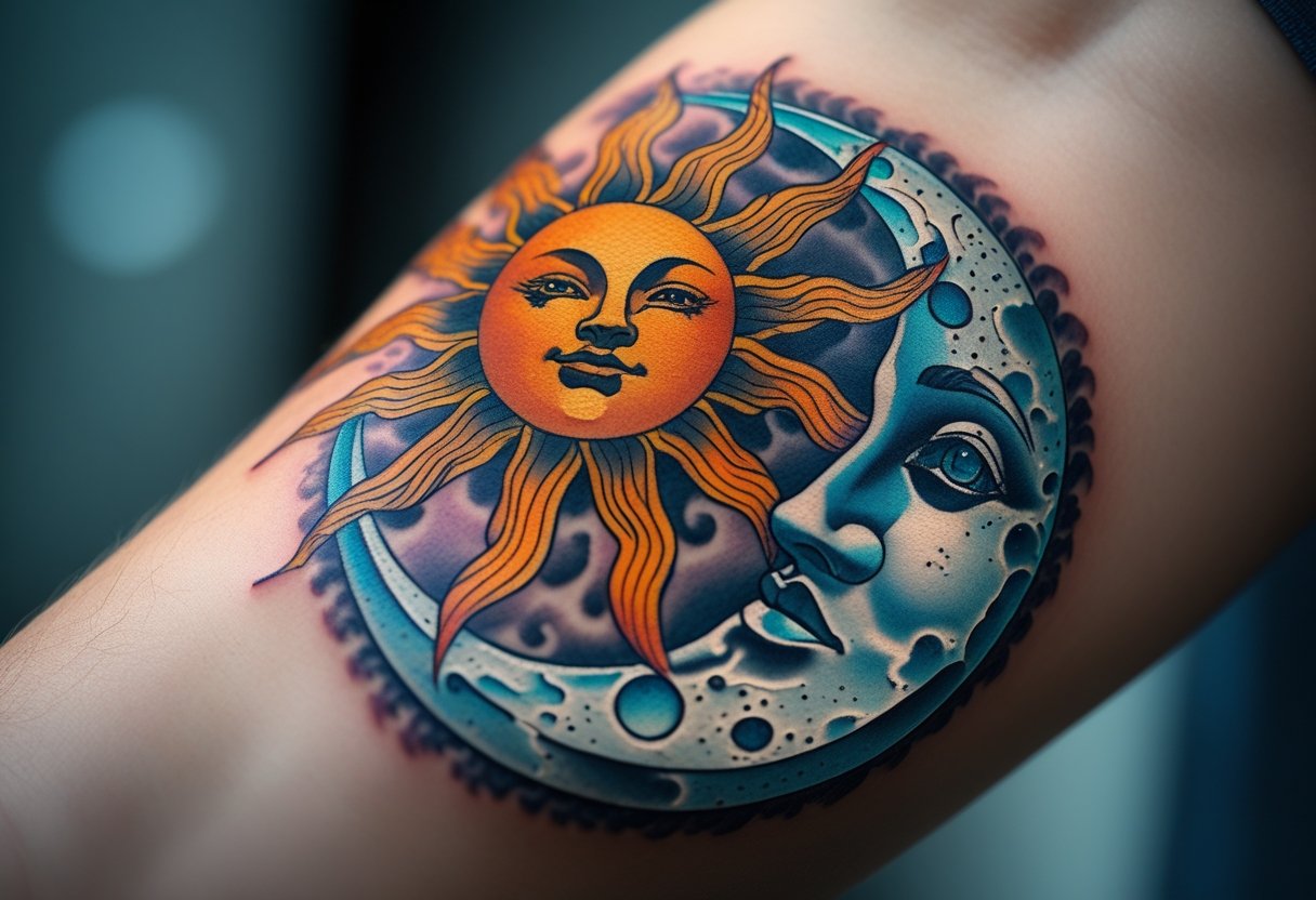 Braço com uma tatuagem detalhada do sol e da lua entrelaçados, mostrando equilíbrio entre luz e sombra.