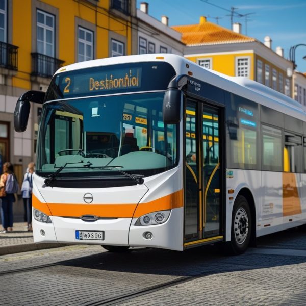 Um ônibus moderno em uma rua urbana de Portugal, com pessoas esperando no ponto de ônibus e prédios típicos portugueses ao fundo.