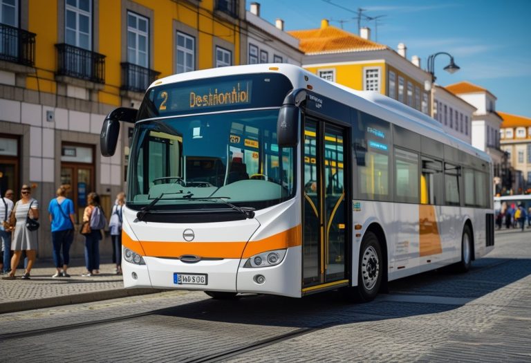 Um ônibus moderno em uma rua urbana de Portugal, com pessoas esperando no ponto de ônibus e prédios típicos portugueses ao fundo.