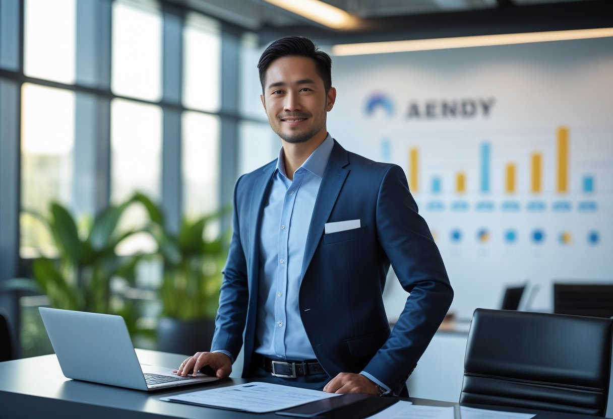 Pessoa confiante em um escritório moderno, vestindo roupa social, em frente a uma mesa com laptop e documentos.