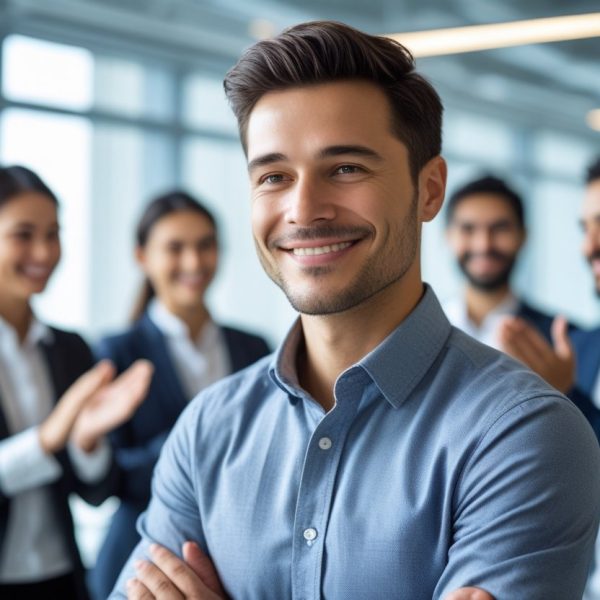 Homem confiante em um escritório moderno, sorrindo enquanto colegas ao fundo demonstram aprovação e admiração.