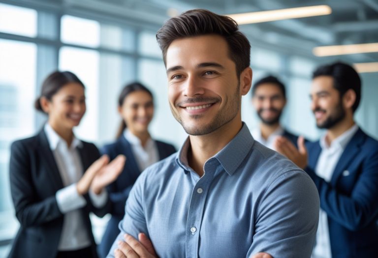 Homem confiante em um escritório moderno, sorrindo enquanto colegas ao fundo demonstram aprovação e admiração.