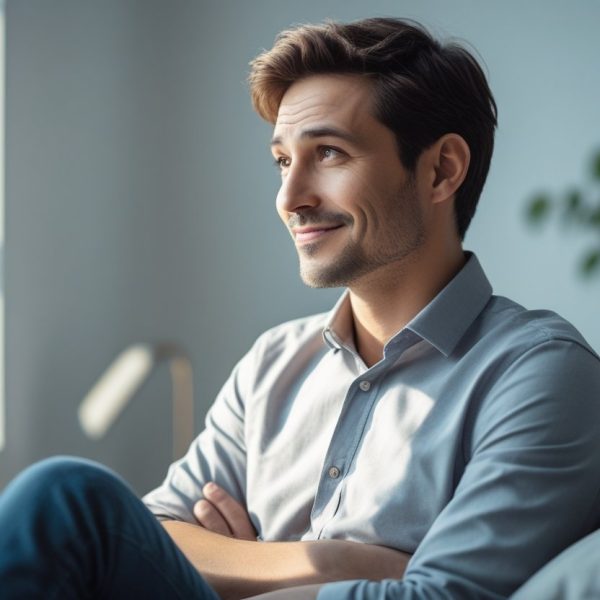 Homem pensativo sentado sozinho em um ambiente moderno e iluminado, com expressão de curiosidade e leve sorriso.
