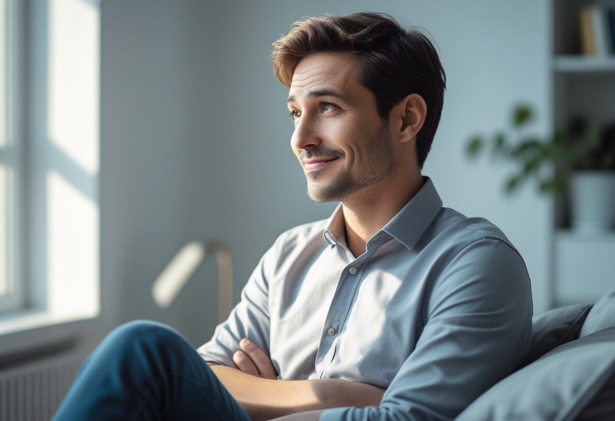 Homem pensativo sentado sozinho em um ambiente moderno e iluminado, com expressão de curiosidade e leve sorriso.