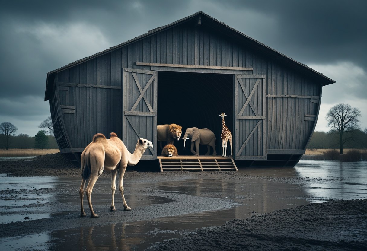 Um camelo triste está sozinho do lado de fora de uma grande arca de madeira, enquanto outros animais estão dentro da arca em uma paisagem alagada sob um céu nublado.