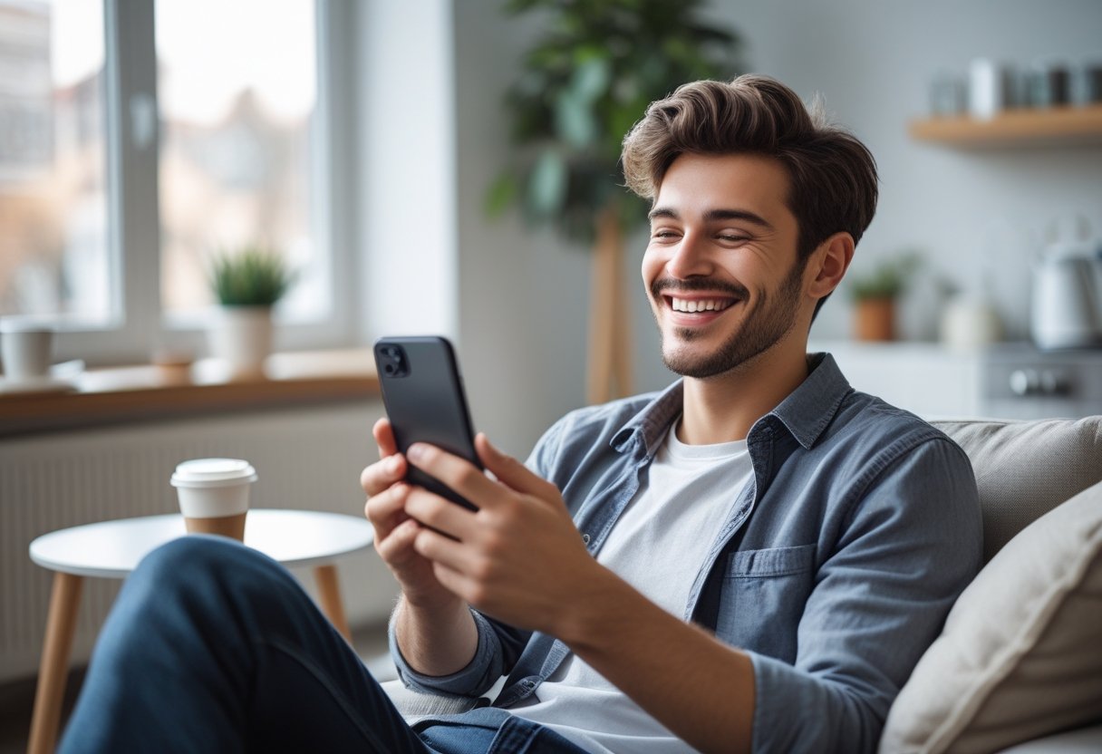Homem sorrindo enquanto olha para o celular em um ambiente confortável e iluminado.