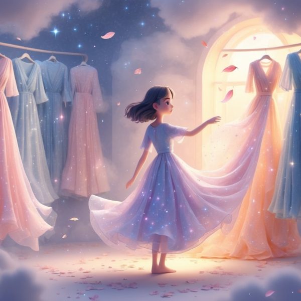 Uma pessoa sonhando enquanto escolhe roupas em uma loja mágica com roupas flutuantes e luz suave ao redor.