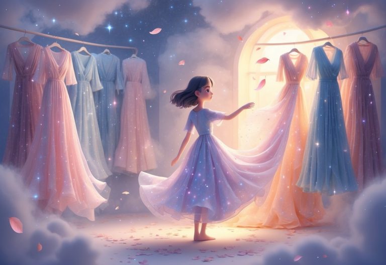 Uma pessoa sonhando enquanto escolhe roupas em uma loja mágica com roupas flutuantes e luz suave ao redor.