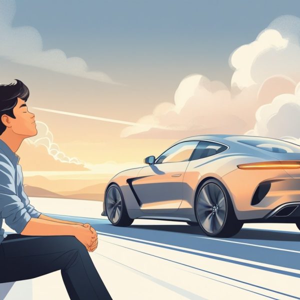 Pessoa sonhando em dirigir um carro, com uma imagem do carro e estrada ao fundo.