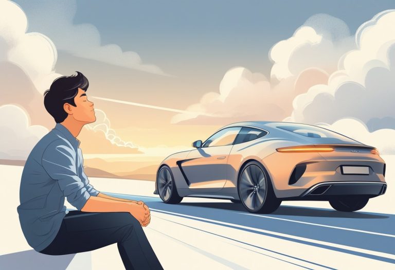 Pessoa sonhando em dirigir um carro, com uma imagem do carro e estrada ao fundo.