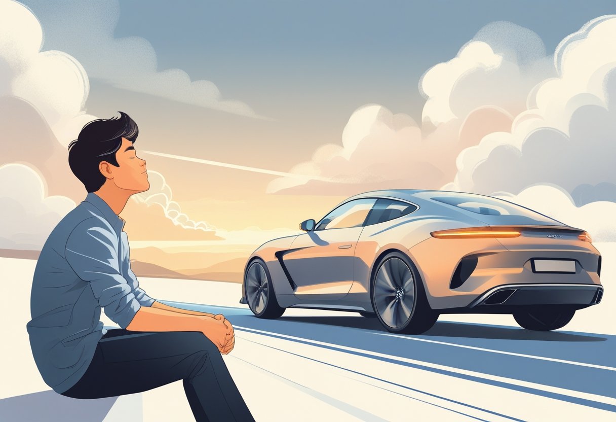 Pessoa sonhando em dirigir um carro, com uma imagem do carro e estrada ao fundo.