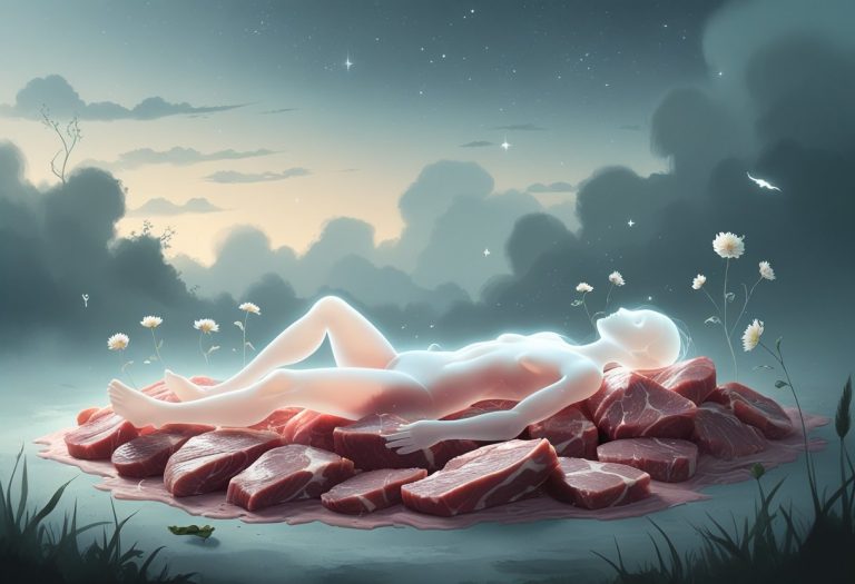 Uma figura humana transparente descansando sobre um leito feito de pedaços de carne crua, cercada por silhuetas fantasmagóricas e símbolos sutis de vida e morte em um cenário nebuloso ao entardecer.