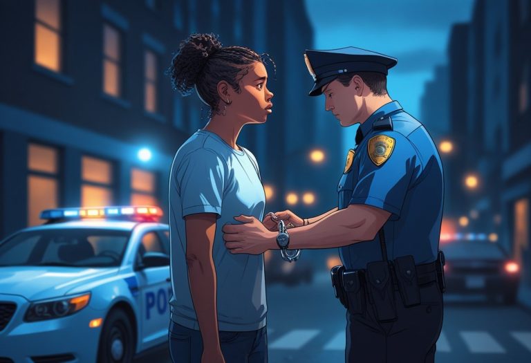 Pessoa sendo presa por policial em uma rua urbana ao entardecer.