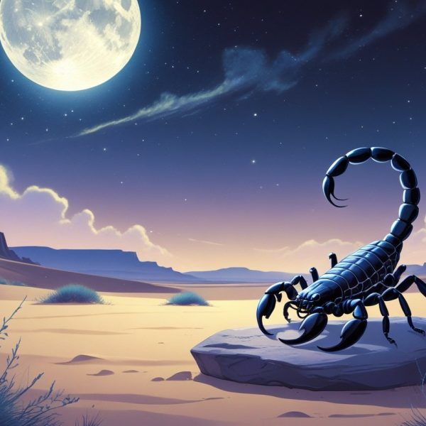 Um escorpião em uma pedra no deserto à noite, com uma lua cheia brilhante e céu estrelado ao fundo, transmitindo uma atmosfera de sonho e mistério.