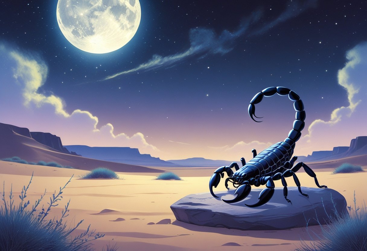 Um escorpião em uma pedra no deserto à noite, com uma lua cheia brilhante e céu estrelado ao fundo, transmitindo uma atmosfera de sonho e mistério.