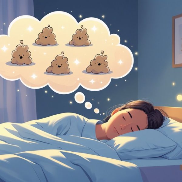 Pessoa dormindo tranquilamente em um quarto aconchegante, com uma nuvem de sonho mostrando representações suaves e brincalhonas de cocô de cachorro.