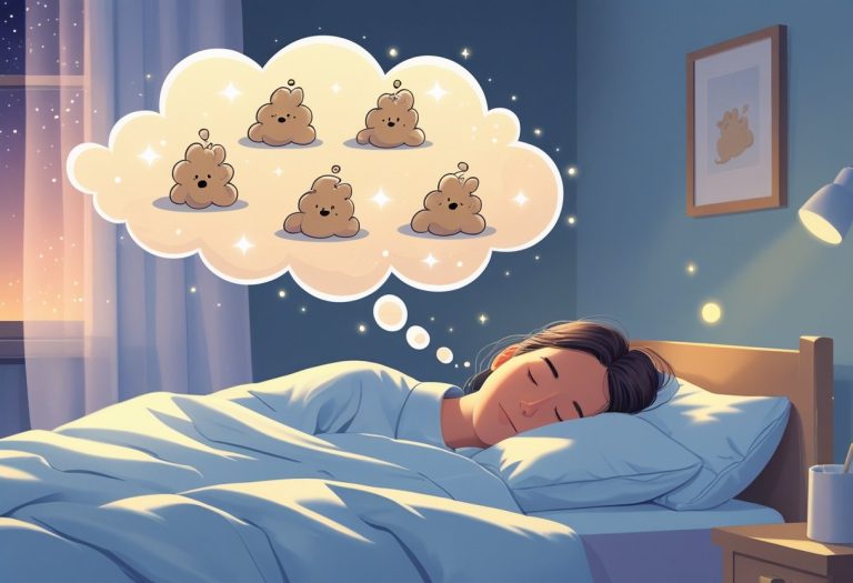 Pessoa dormindo tranquilamente em um quarto aconchegante, com uma nuvem de sonho mostrando representações suaves e brincalhonas de cocô de cachorro.