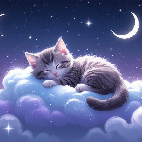Um filhote de gato dormindo em uma nuvem macia sob um céu estrelado à noite.