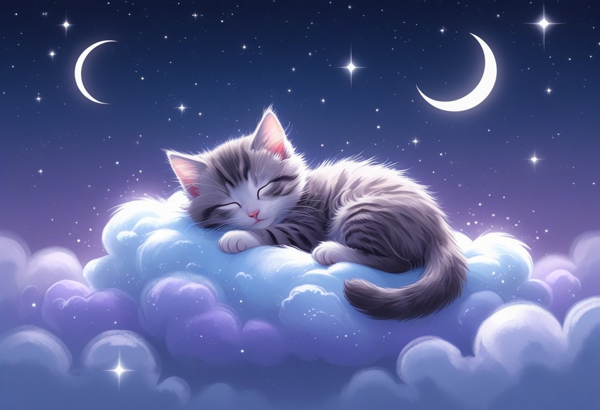 Um filhote de gato dormindo em uma nuvem macia sob um céu estrelado à noite.