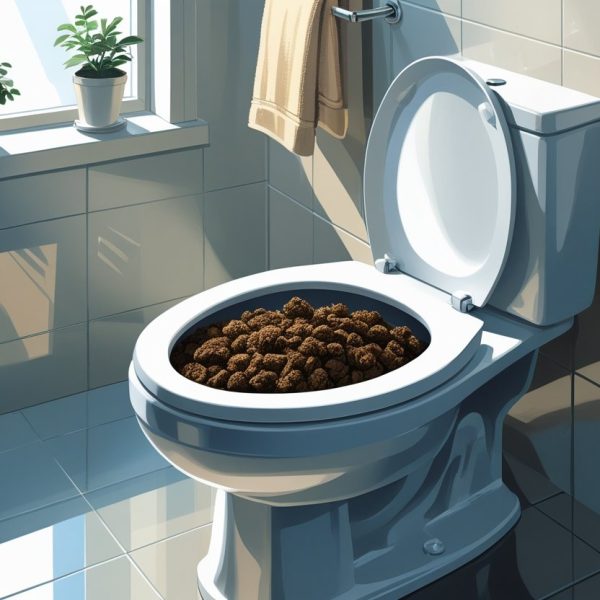 Banheiro moderno com vaso sanitário branco contendo fezes, com toalha dobrada e planta no parapeito da janela.