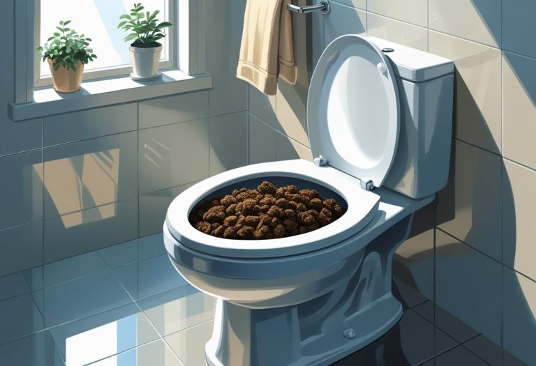 Banheiro moderno com vaso sanitário branco contendo fezes, com toalha dobrada e planta no parapeito da janela.