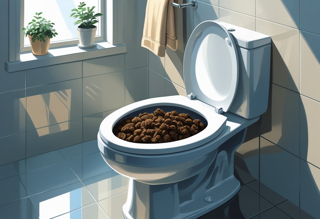 Banheiro moderno com vaso sanitário branco contendo fezes, com toalha dobrada e planta no parapeito da janela.