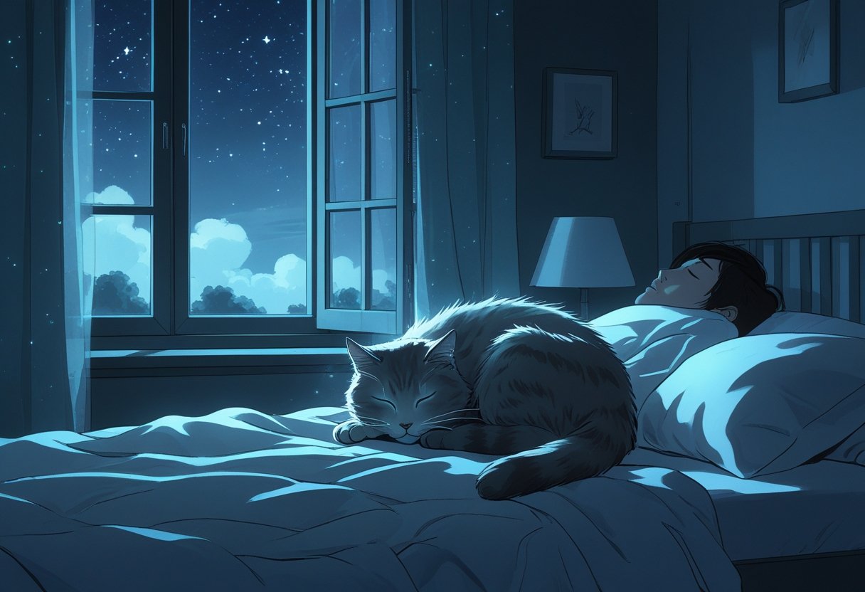Quarto à noite com um gato deitado calmamente na cama e uma pessoa dormindo, transmitindo uma sensação de sonho e tranquilidade.