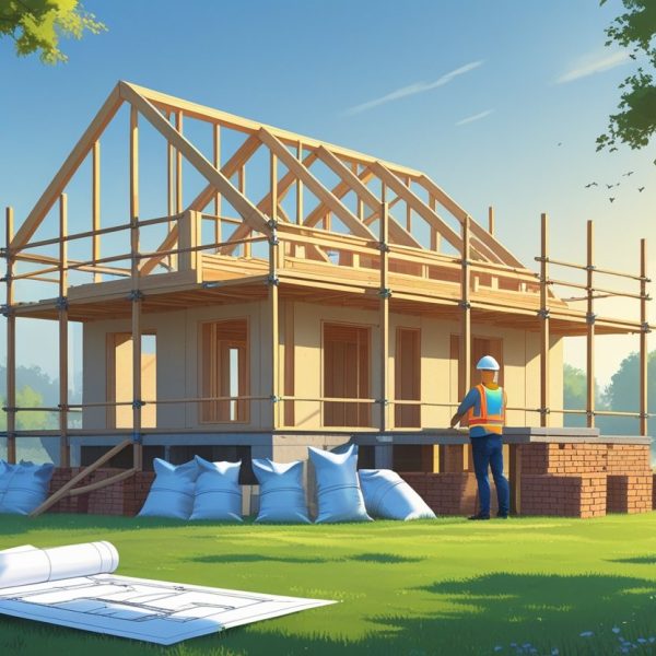 Casa em construção com estrutura de madeira, materiais de construção ao redor e uma pessoa com capacete segurando um plano arquitetônico.